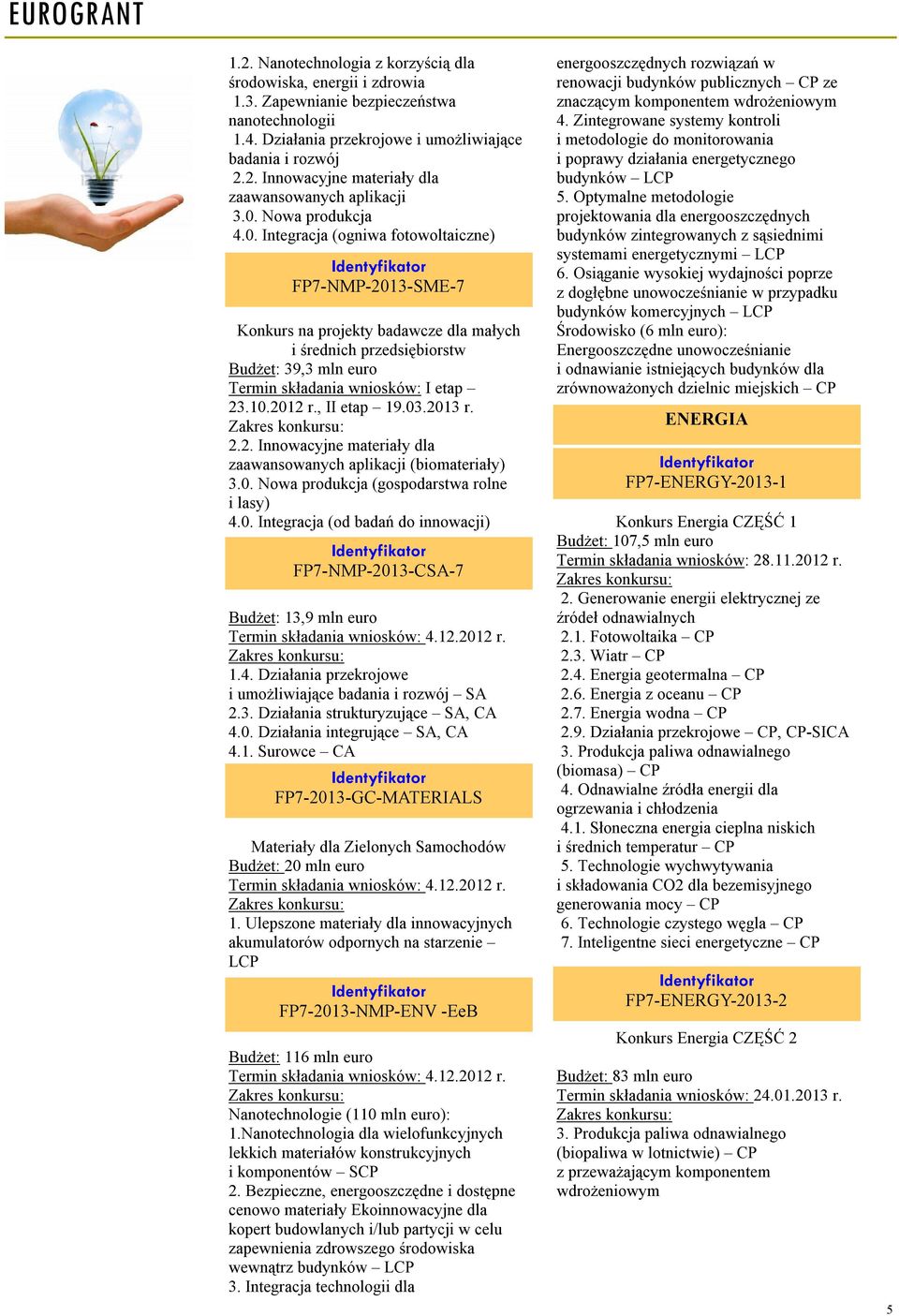 10.2012 r., II etap 19.03.2013 r. 2.2. Innowacyjne materiały dla zaawansowanych aplikacji (biomateriały) 3.0. Nowa produkcja (gospodarstwa rolne i lasy) 4.0. Integracja (od badań do innowacji) FP7-NMP-2013-CSA-7 Budżet: 13,9 mln euro Termin składania wniosków: 4.
