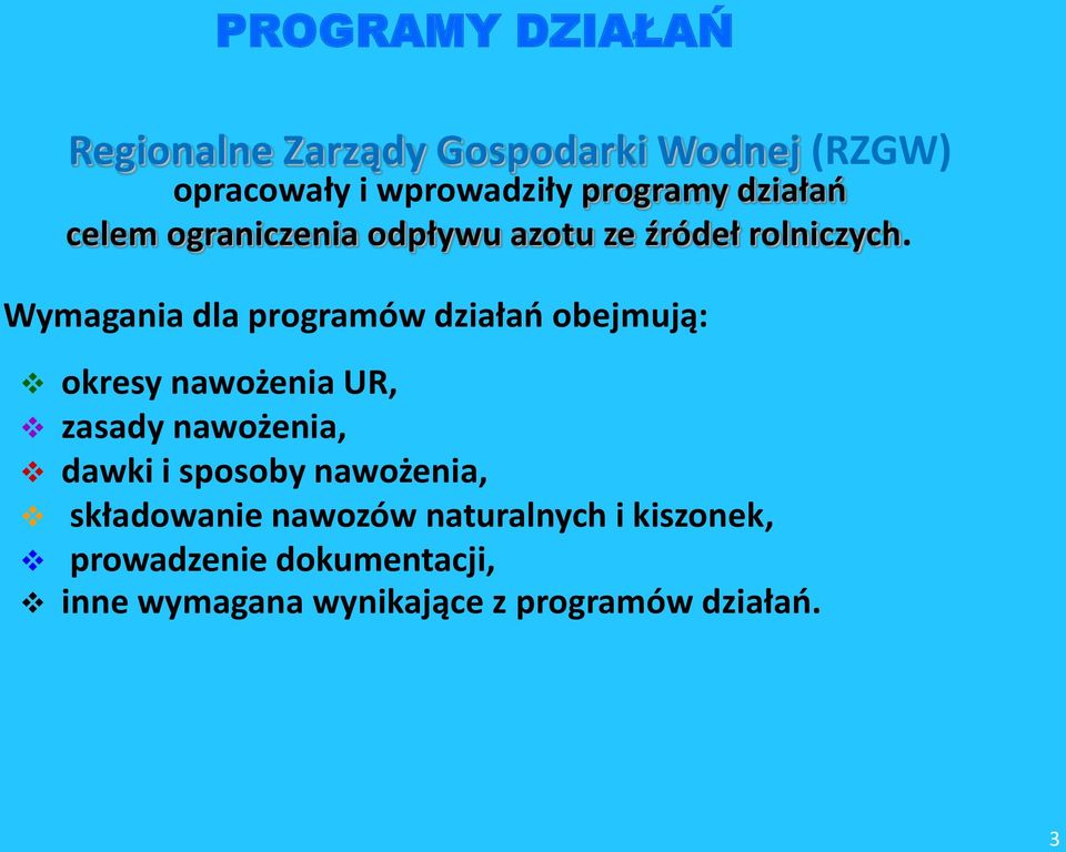 Wymagania dla programów działań obejmują: okresy nawożenia UR, zasady nawożenia, dawki i