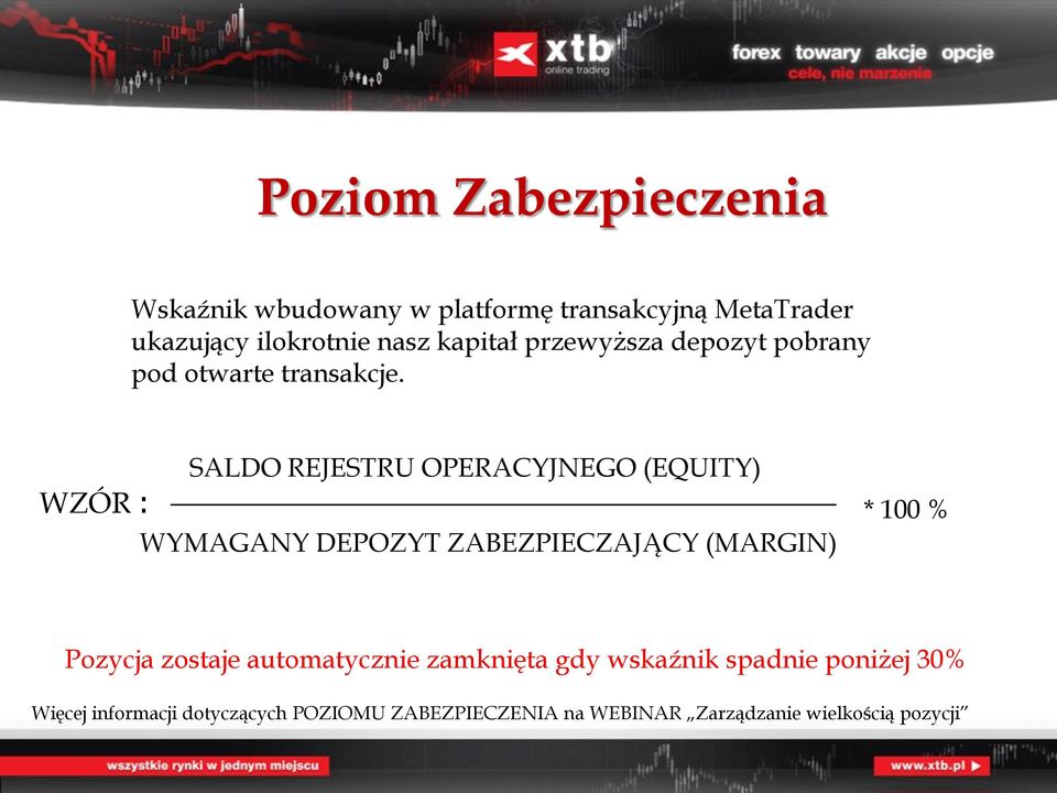 WZÓR : SALDO REJESTRU OPERACYJNEGO (EQUITY) WYMAGANY DEPOZYT ZABEZPIECZAJĄCY (MARGIN) * 100 % Pozycja