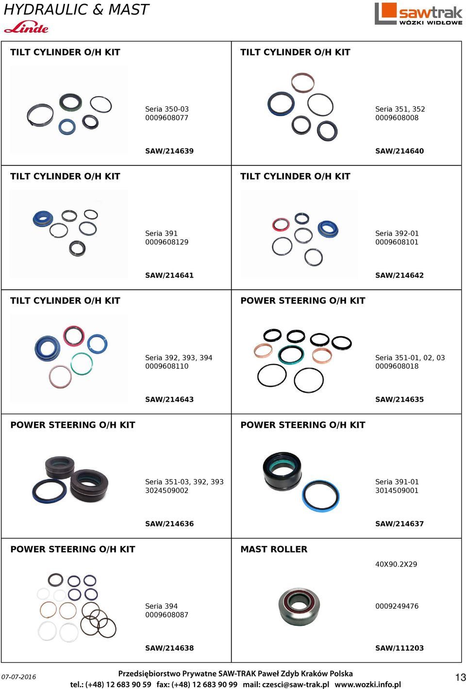 SAW/214643 POWER STEERING O/H KIT Seria 351, 352 0009608008 Seria 351-01, 02, 03 0009608018 SAW/214635 POWER STEERING O/H KIT Seria 351-03, 392,