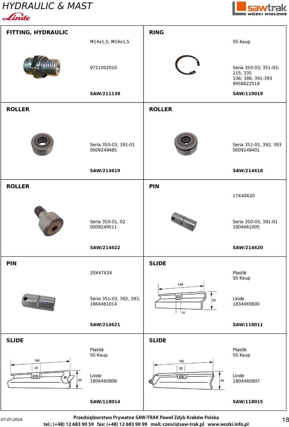 350-01, 02 0009249511 SAW/214622 PIN SAW/214620 SLIDE 20X47X24 Seria 351-03, 392, 393, 1864461014 Plastik SS Kaup SAW/214621 SLIDE SLIDE Linde