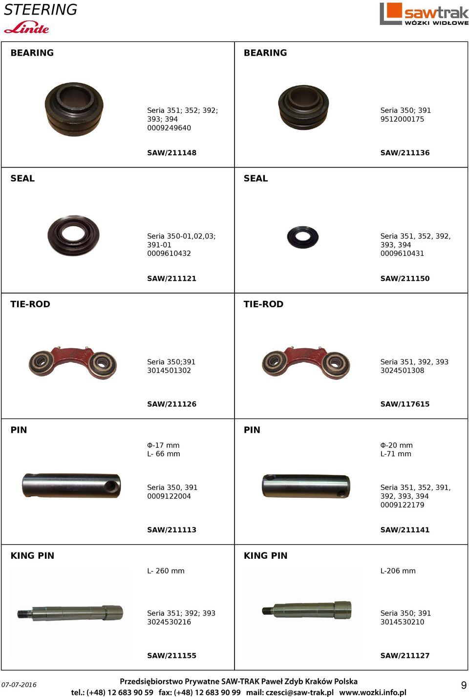 392, 393, 394 0009122179 SAW/211141 KING PIN L- 260 mm Seria 351; 392; 393 3024530216 SAW/211155 Seria 351, 392, 393 3024501308 SAW/117615