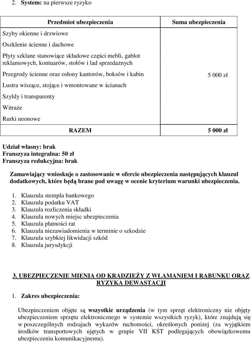 zł Udział własny: brak Franszyza integralna: 50 zł Franszyza redukcyjna: brak Zamawiający wnioskuje o zastosowanie w ofercie ubezpieczenia następujących klauzul dodatkowych, które będą brane pod