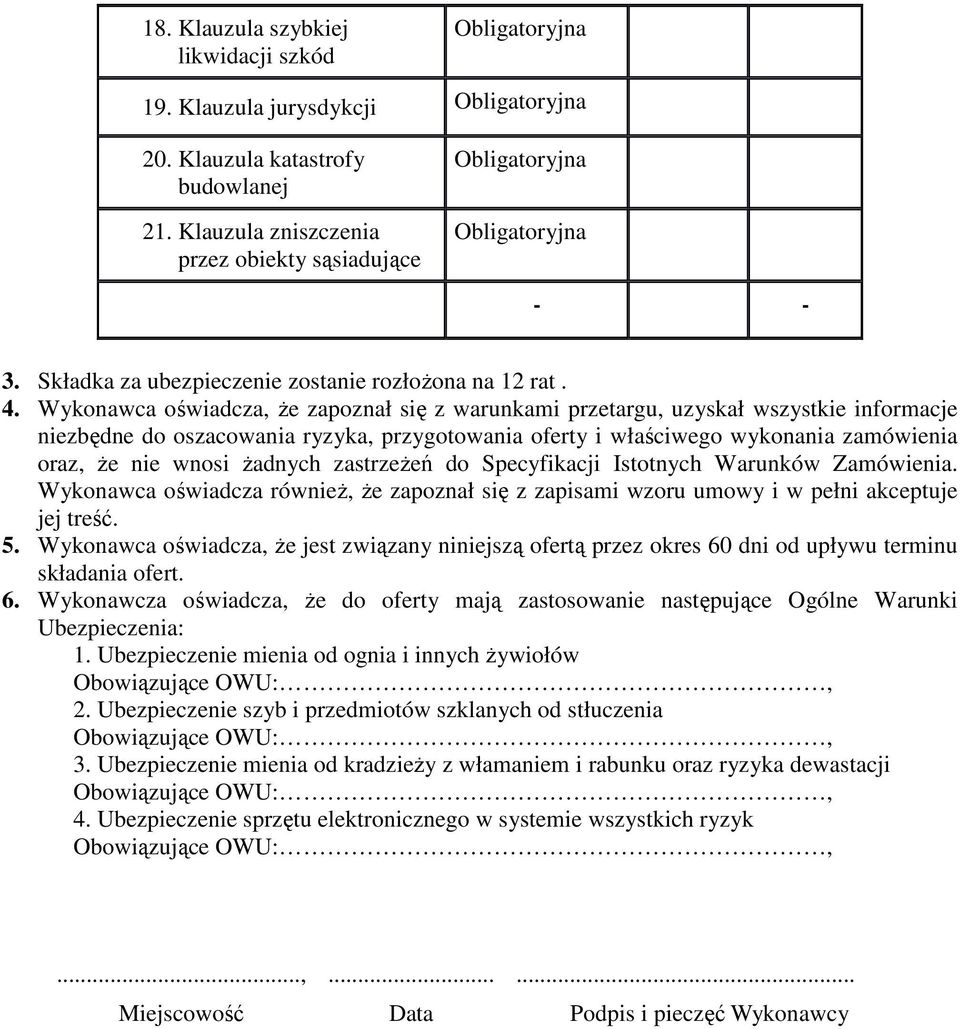 Wykonawca oświadcza, że zapoznał się z warunkami przetargu, uzyskał wszystkie informacje niezbędne do oszacowania ryzyka, przygotowania oferty i właściwego wykonania zamówienia oraz, że nie wnosi