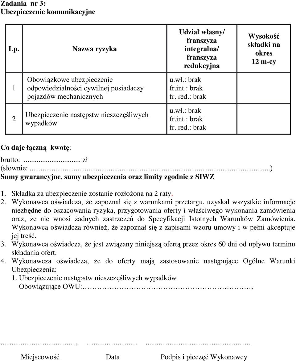 int.: brak fr. red.: brak 2 Ubezpieczenie następstw nieszczęśliwych wypadków u.wł.: brak fr.int.: brak fr. red.: brak Co daje łączną kwotę: brutto:... zł (słownie:.