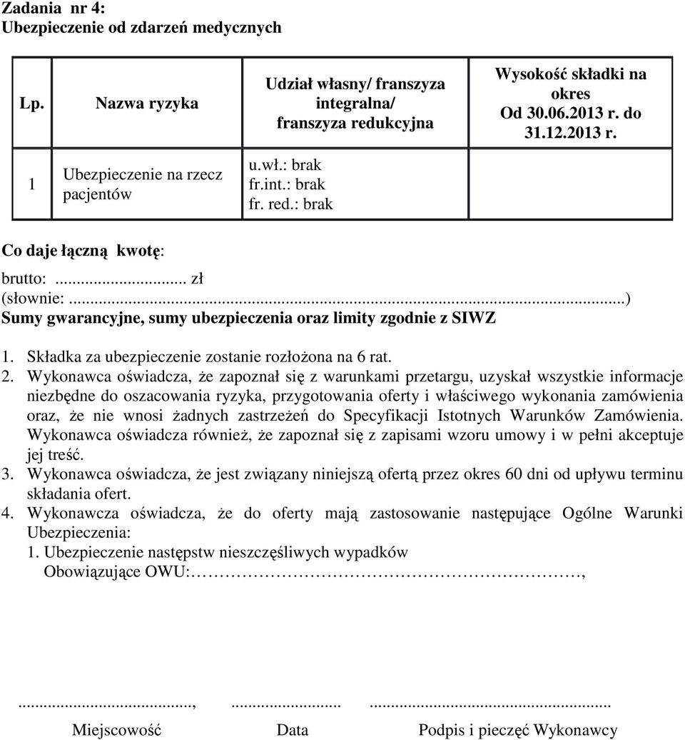 ..) Sumy gwarancyjne, sumy ubezpieczenia oraz limity zgodnie z SIWZ 1. Składka za ubezpieczenie zostanie rozłożona na 6 rat. 2.