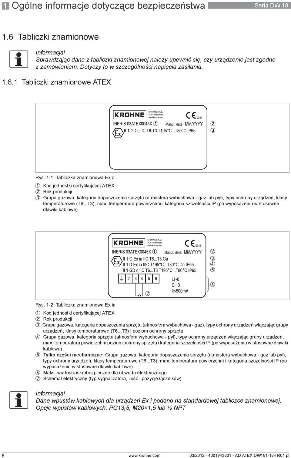 1-1: Tabliczka znamionowa Ex c 1 Kod jednostki certyfikującej ATEX 2 Rok produkcji 3 Grupa gazowa, kategoria dopuszczenia sprzętu (atmosfera wybuchowa - gaz lub pył), typy ochrony urządzeń, klasy