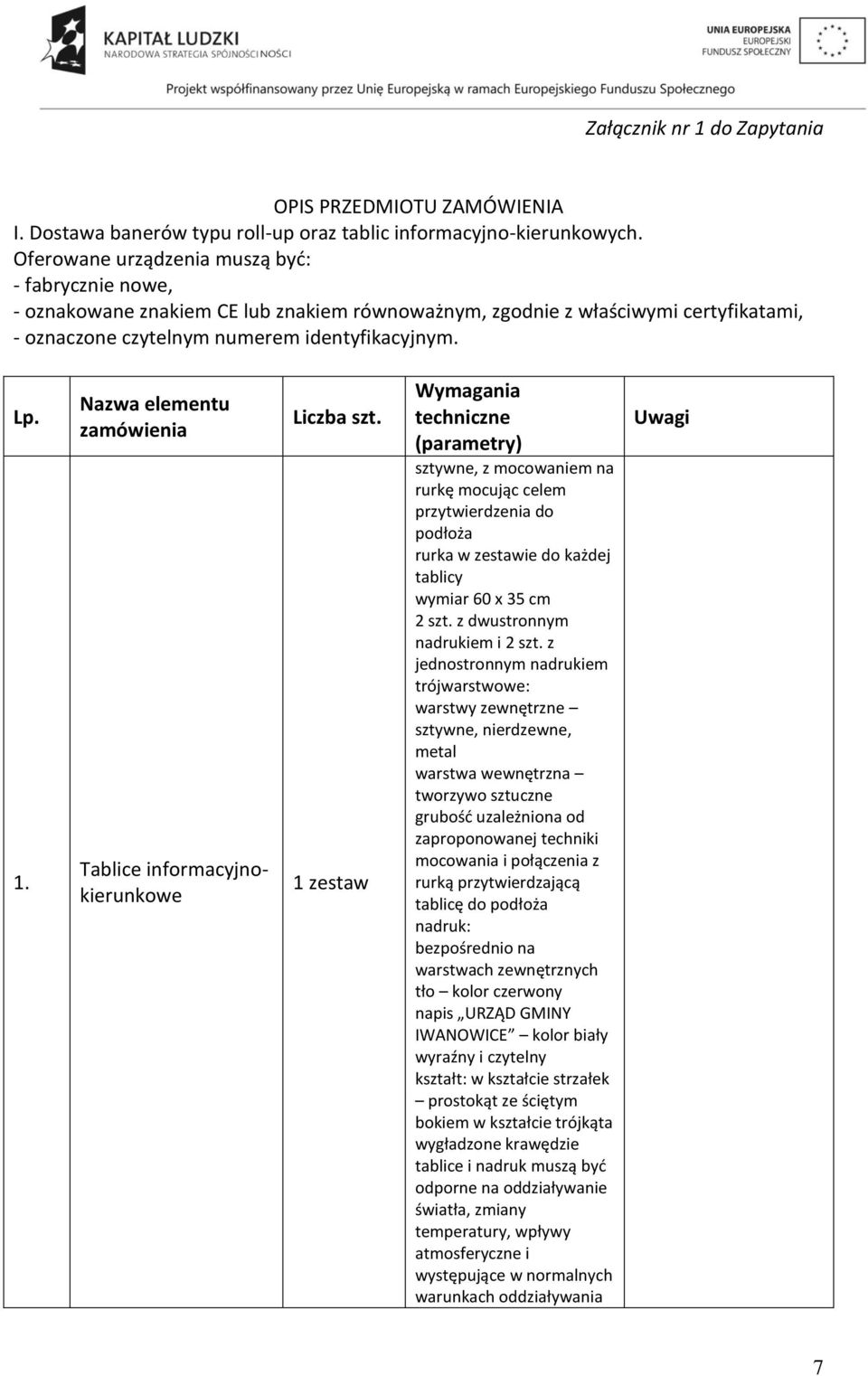 Nazwa elementu zamówienia Tablice informacyjnokierunkowe Liczba szt.