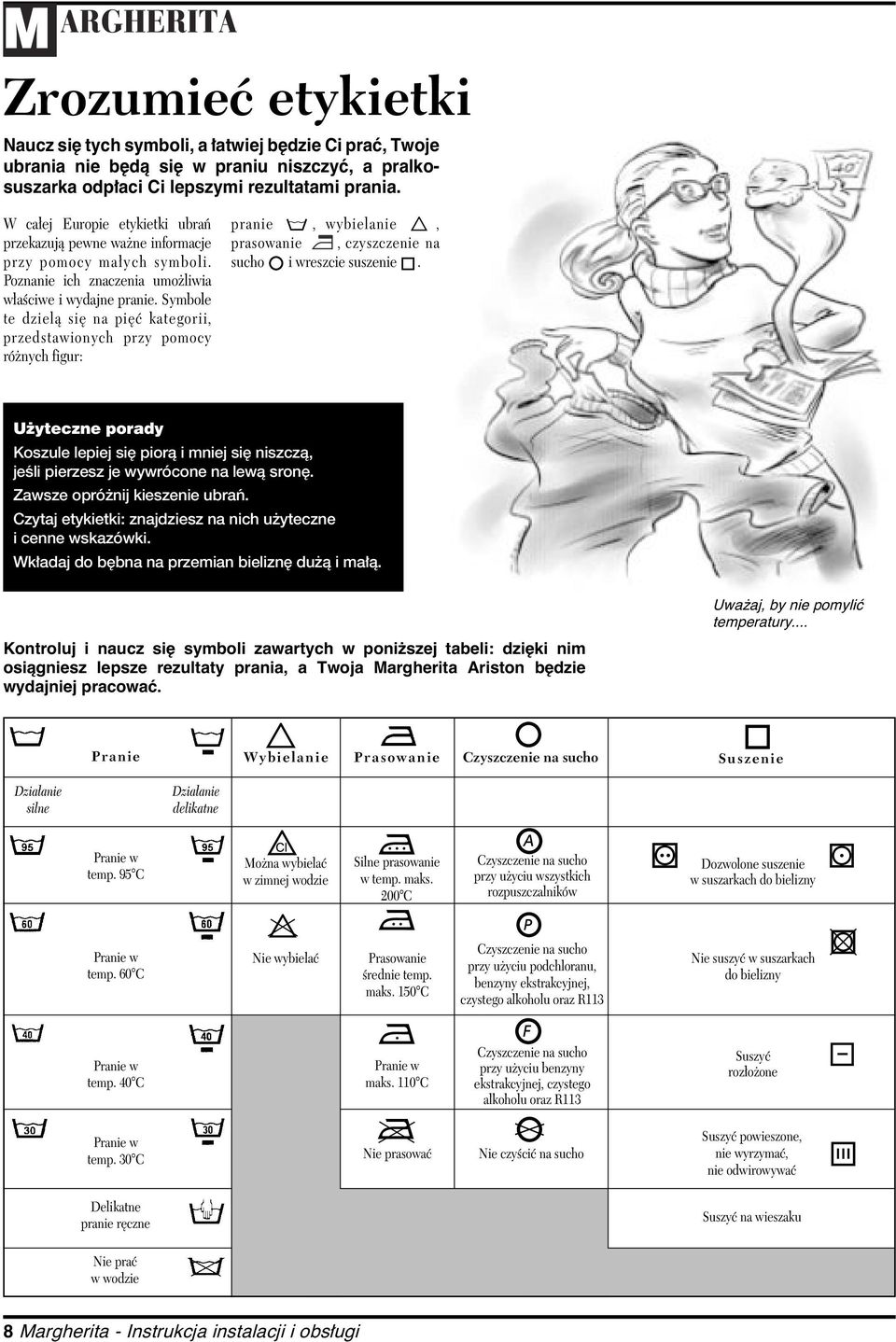 Symbole te dzielą się na pięć kategorii, przedstawionych przy pomocy różnych figur: pranie, wybielanie, prasowanie, czyszczenie na sucho i wreszcie suszenie.