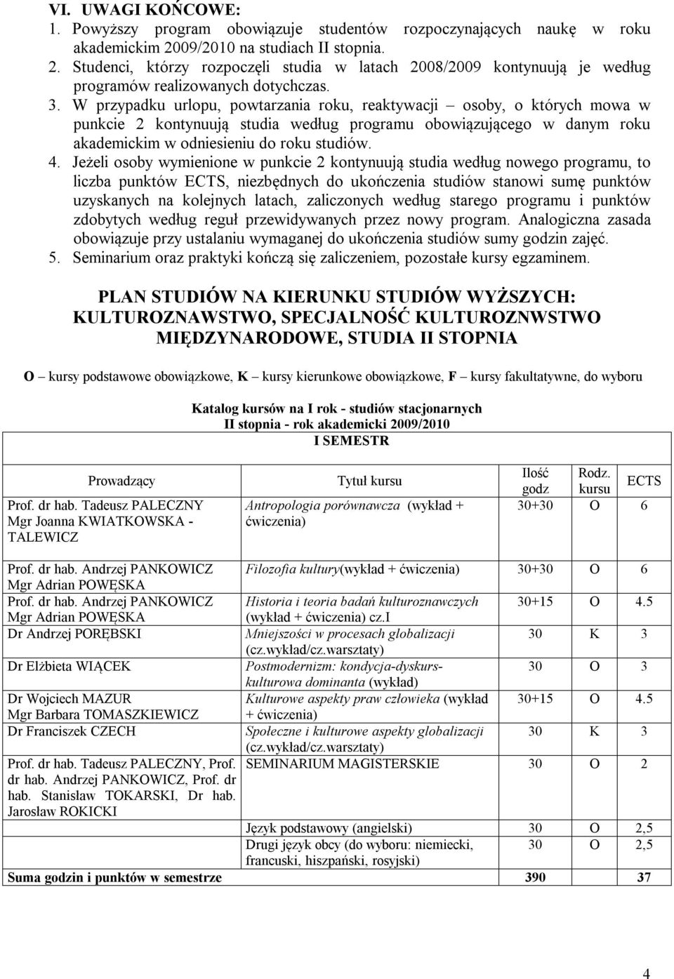 W przypadku urlopu, powtarzania roku, reaktywacji osoby, o których mowa w punkcie 2 kontynuują studia według programu obowiązującego w danym roku akademickim w odniesieniu do roku studiów. 4.