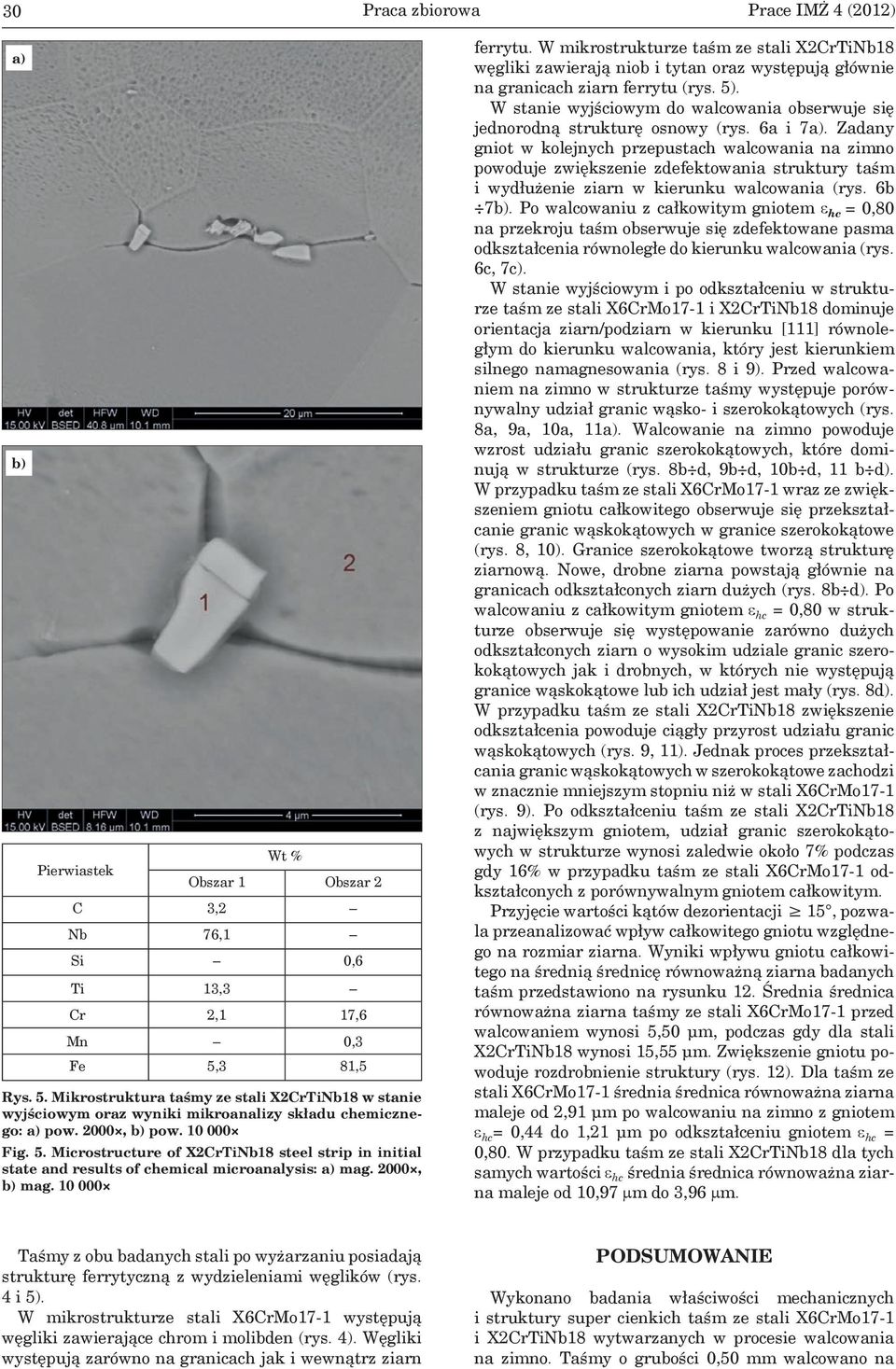 2000, b) mag. 10 000 ferrytu. W mikrostrukturze taśm ze stali X2CrTiNb18 węgliki zawierają niob i tytan oraz występują głównie na granicach ziarn ferrytu (rys. 5).