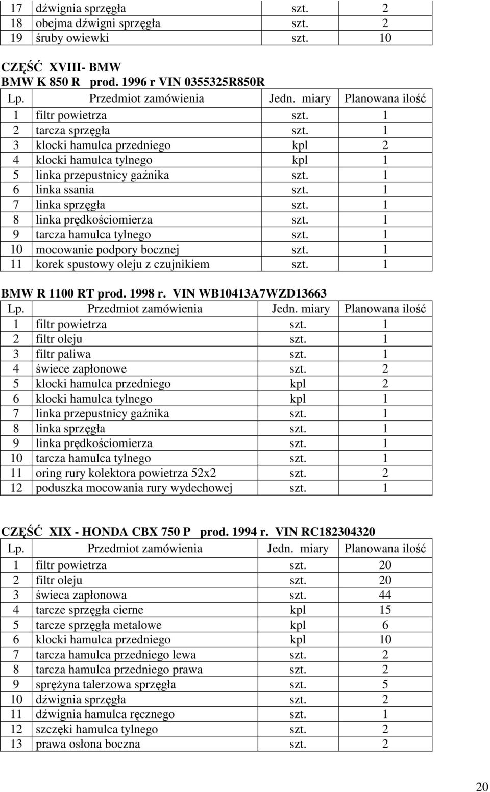 1 8 linka prędkościomierza szt. 1 9 tarcza hamulca tylnego szt. 1 10 mocowanie podpory bocznej szt. 1 11 korek spustowy oleju z czujnikiem szt. 1 BMW R 1100 RT prod. 1998 r. VIN WB10413A7WZD13663 Lp.