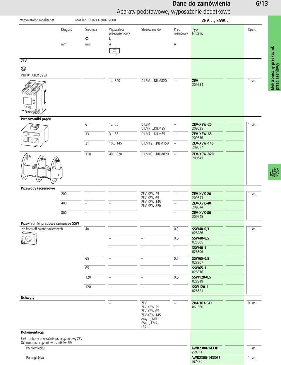 Elektroniczny przekaźnik przeciążeniowy Przetworniki prądu 6 5 DILEM DILM7 DILM5 ZEV-XSW-5 09635 3 3 65 DILM7 DILM65 ZEV-XSW-65 09636 0 45 DILM DILM50 ZEV-XSW-45 09637 szt.