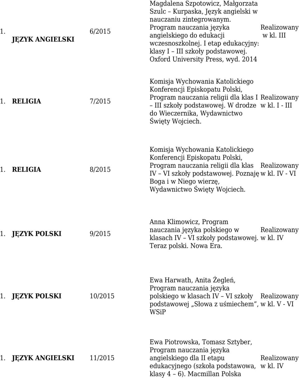 2014 7/2015 Komisja Wychowania Katolickiego Konferencji Episkopatu Polski, Program nauczania religii dla klas I III szkoły podstawowej. W drodze w kl.
