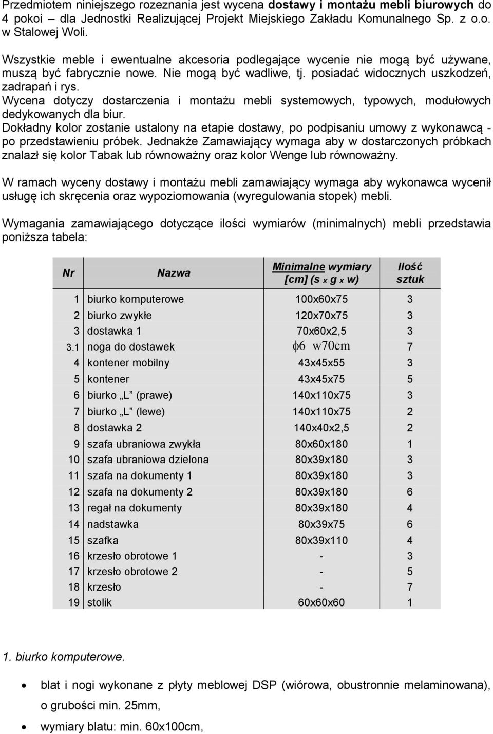 Wycena dotyczy dostarczenia i montażu mebli systemowych, typowych, modułowych dedykowanych dla biur.