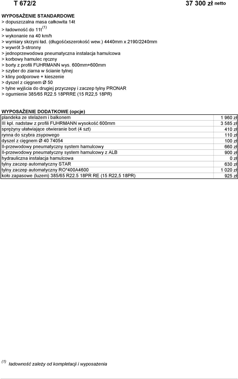 600mm+600mm > szyber do ziarna w ścianie tylnej > dyszel z cięgnem Ø 50 > tylne wyjścia do drugiej przyczepy i zaczep tylny PRONAR > ogumienie 385/65 R22.