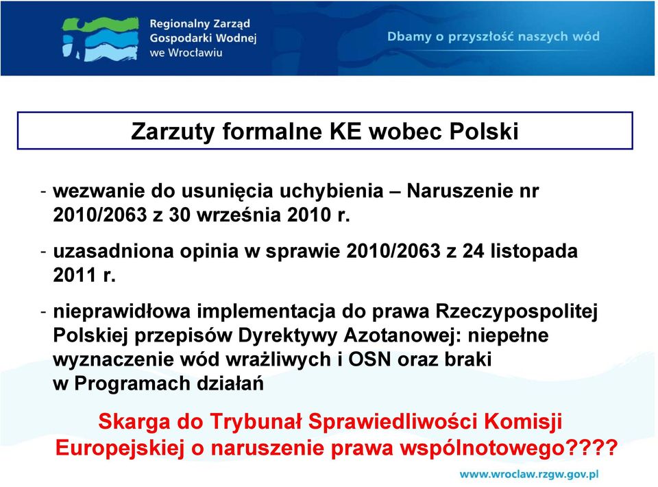- nieprawidłowa implementacja do prawa Rzeczypospolitej Polskiej przepisów Dyrektywy Azotanowej: niepełne