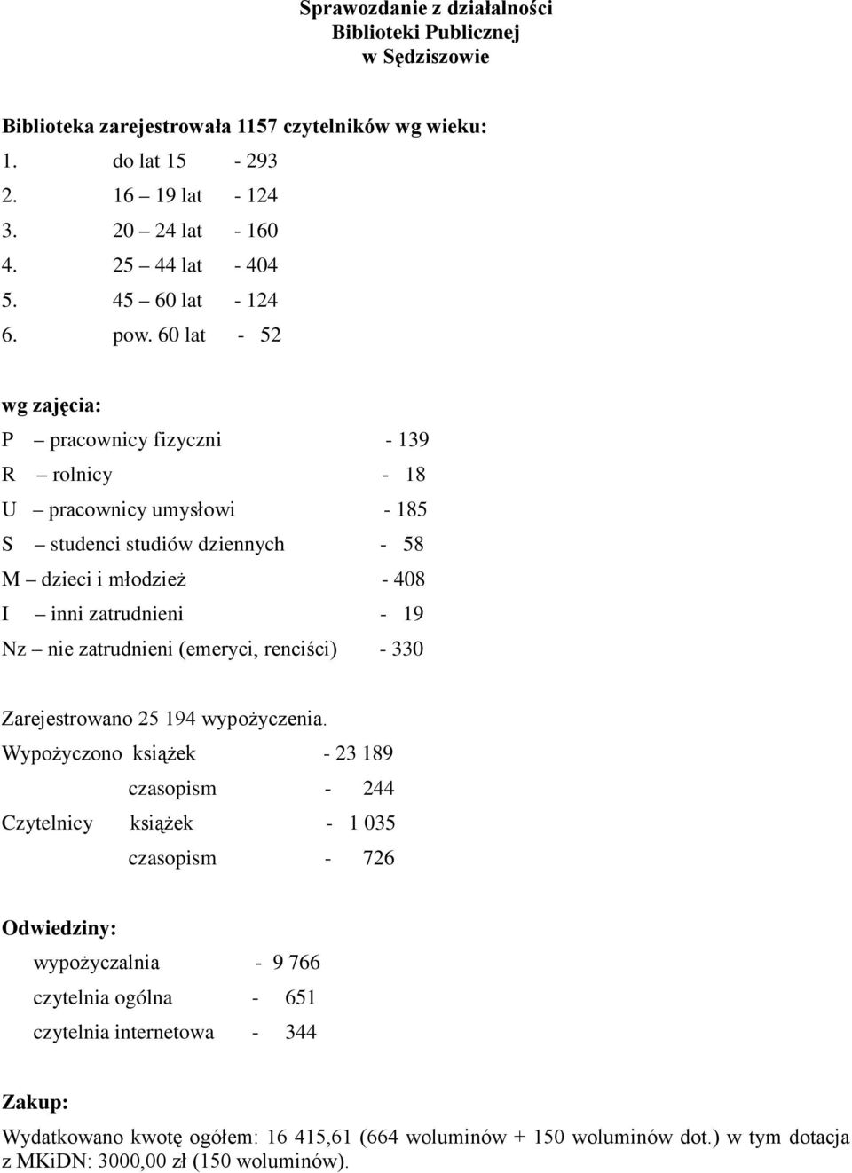 60 lat - 52 wg zajęcia: P pracownicy fizyczni - 139 R rolnicy - 18 U pracownicy umysłowi - 185 S studenci studiów dziennych - 58 M dzieci i młodzież - 408 I inni zatrudnieni - 19 Nz nie