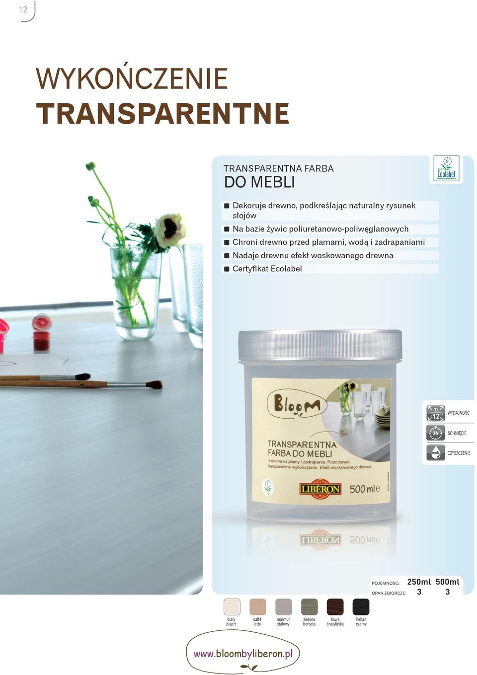 drewnu efekt woskowanego drewna Certyfikat Ecolabel + -12 m2 POJEMNOŚĆ: 250ml 500ml OPAK.
