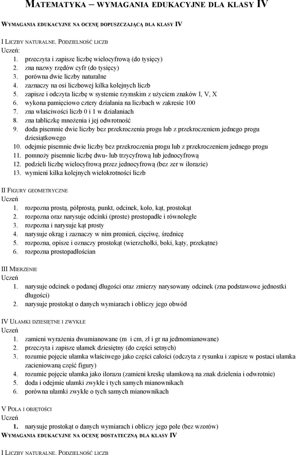 wykona pamięciowo cztery działania na liczbach w zakresie 100 7. zna właściwości liczb 0 i 1 w działaniach 8. zna tabliczkę mnożenia i jej odwrotność 9.