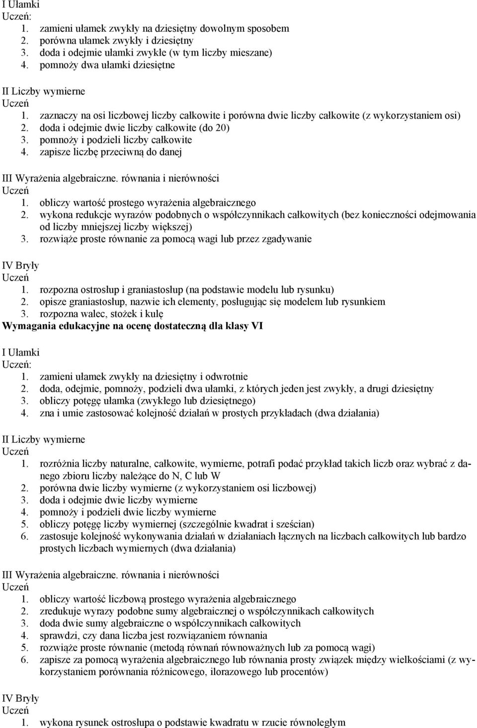 pomnoży i podzieli liczby całkowite 4. zapisze liczbę przeciwną do danej III Wyrażenia algebraiczne. równania i nierówności 1. obliczy wartość prostego wyrażenia algebraicznego 2.