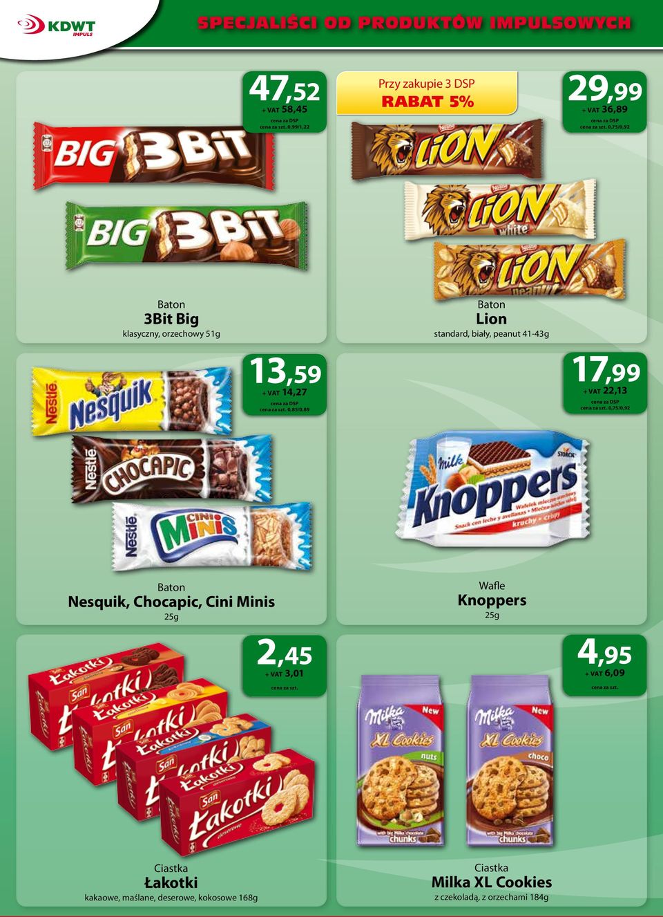 22,13 0,75/0,92 Baton Nesquik, Chocapic, Cini Minis 25g Wafle Knoppers 25g 2,45 + VAT 3,01 4,95 + VAT 6,09