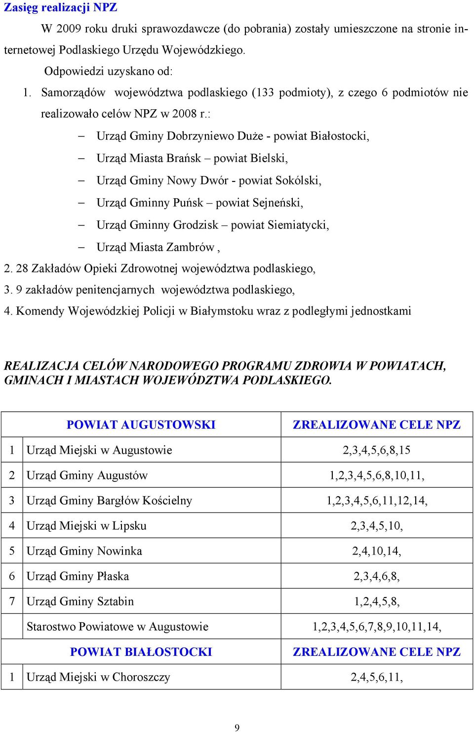 : Urząd Gminy Dobrzyniewo DuŜe - powiat Białostocki, Urząd Miasta Brańsk powiat Bielski, Urząd Gminy Nowy Dwór - powiat Sokólski, Urząd Gminny Puńsk powiat Sejneński, Urząd Gminny Grodzisk powiat