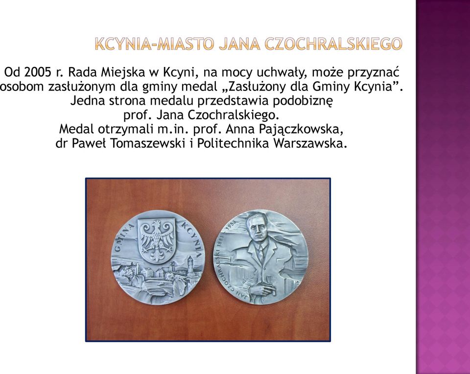 dla gminy medal Zasłużony dla Gminy Kcynia.