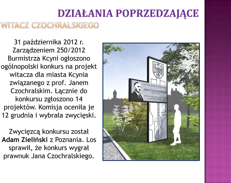Kcynia związanego z prof. Janem Czochralskim. Łącznie do konkursu zgłoszono 14 projektów.