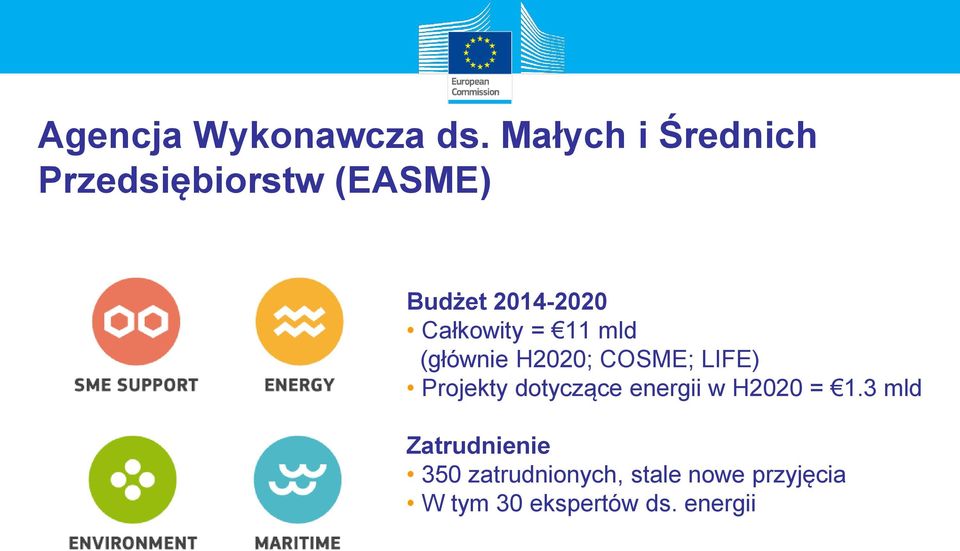 Całkowity = 11 mld (głównie H2020; COSME; LIFE) Projekty