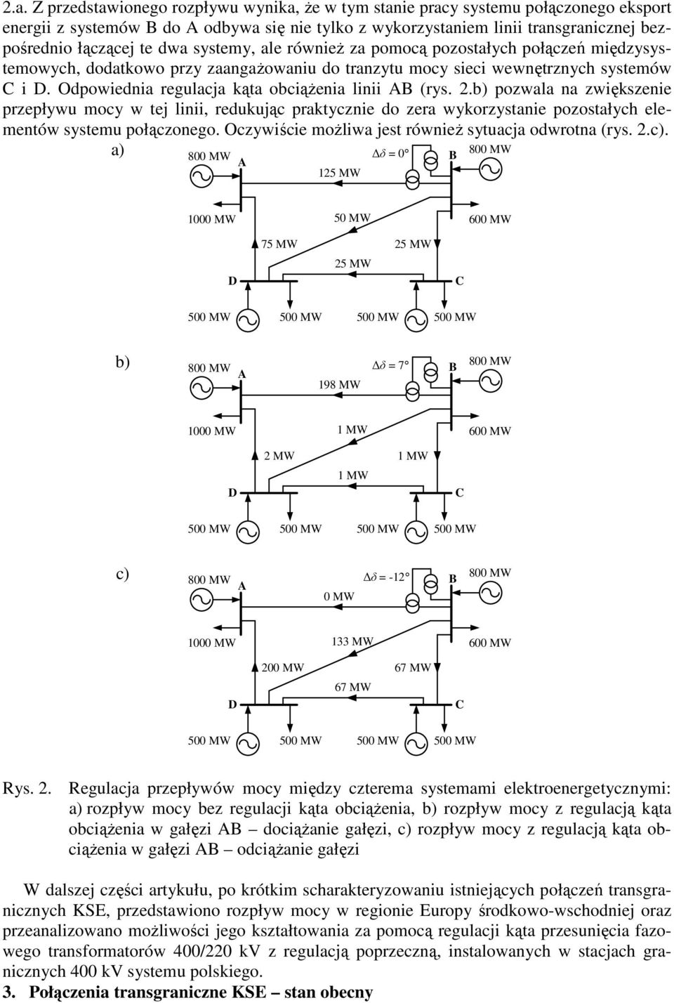 Odpowiednia regulacja kąta obciąŝenia linii AB (rys. 2.b) pozwala na zwiększenie przepływu mocy w tej linii, redukując praktycznie do zera wykorzystanie pozostałych elementów systemu połączonego.