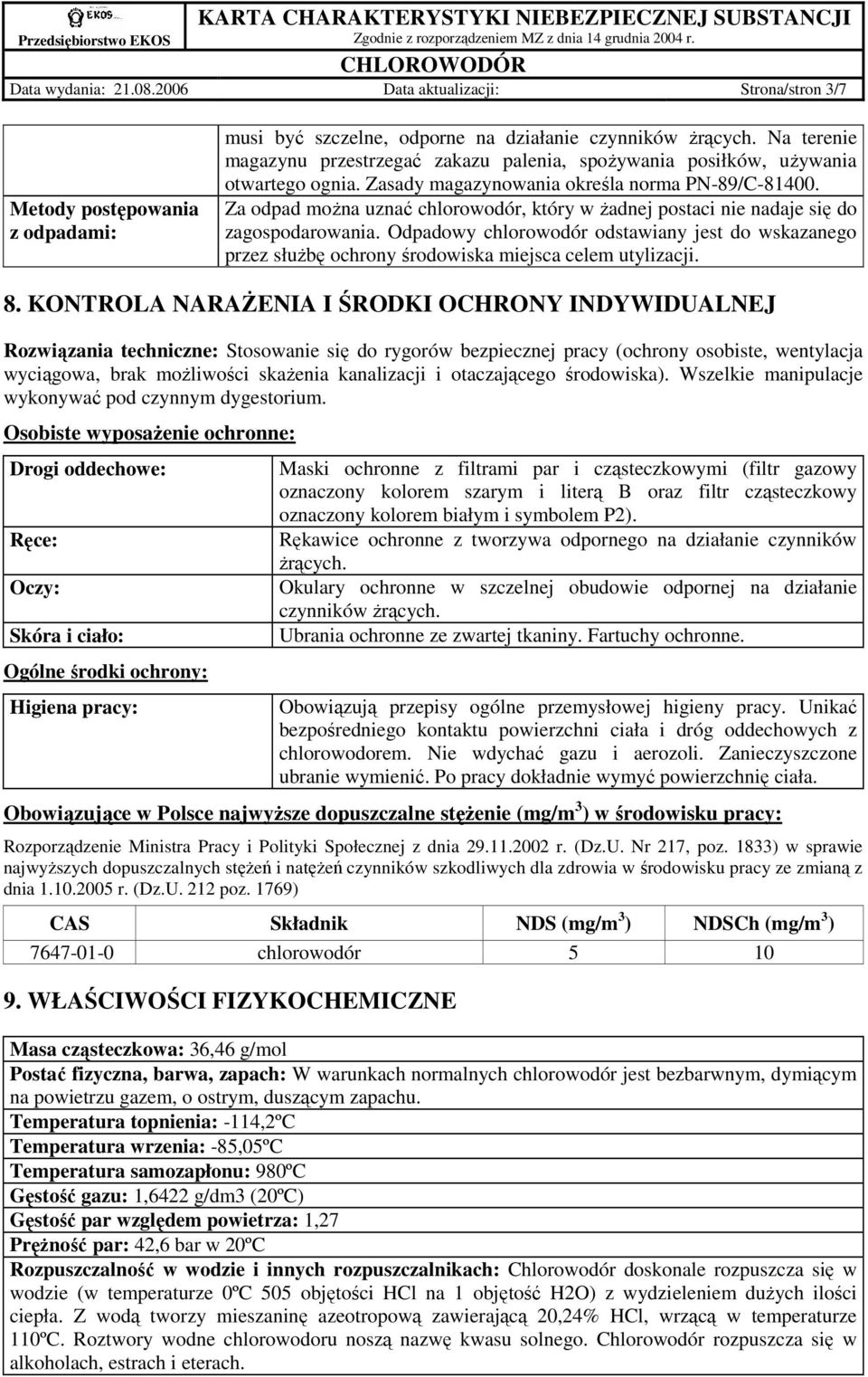 Za odpad moŝna uznać chlorowodór, który w Ŝadnej postaci nie nadaje się do zagospodarowania.