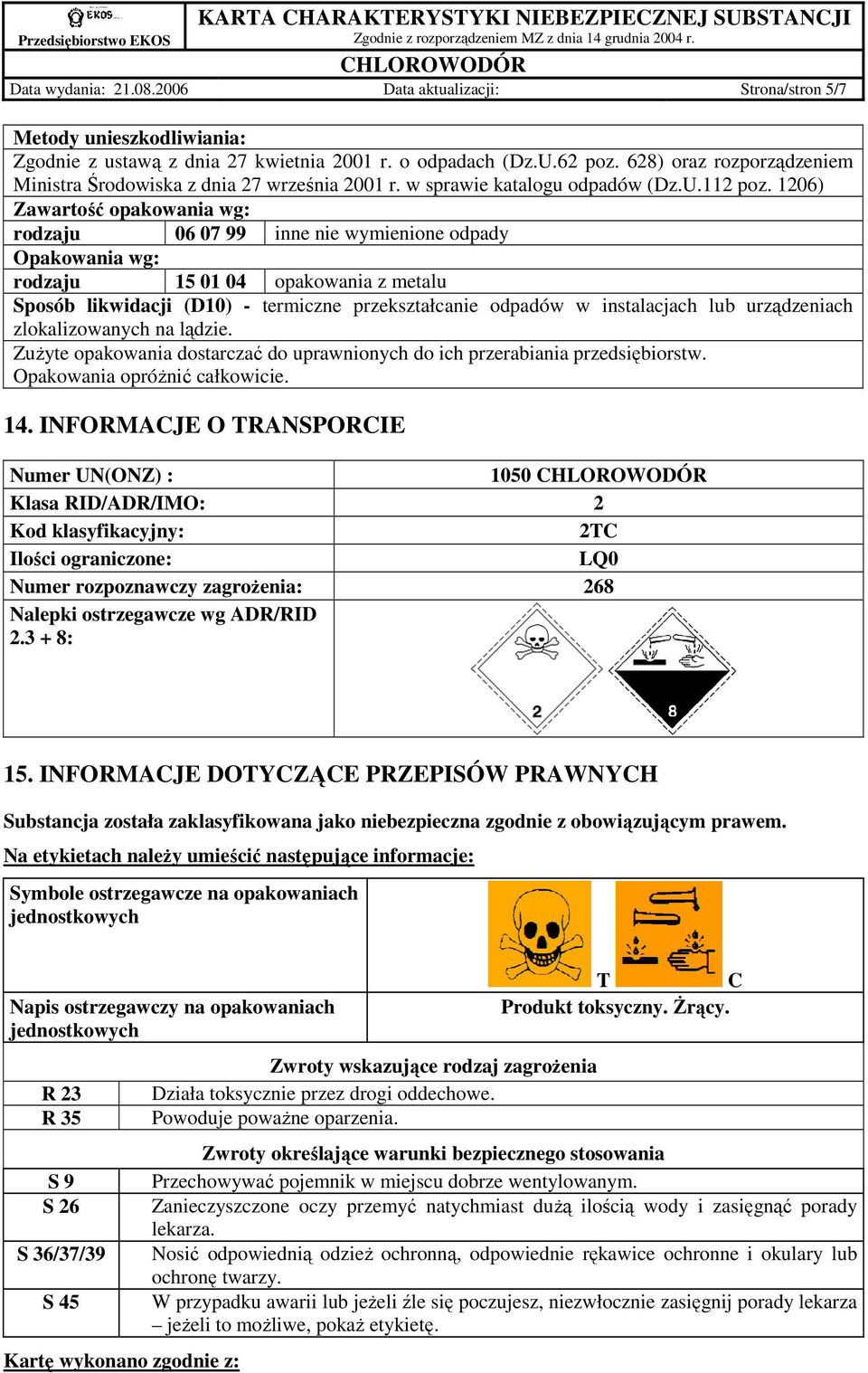 1206) Zawartość opakowania wg: rodzaju 06 07 99 inne nie wymienione odpady Opakowania wg: rodzaju 15 01 04 opakowania z metalu Sposób likwidacji (D10) - termiczne przekształcanie odpadów w