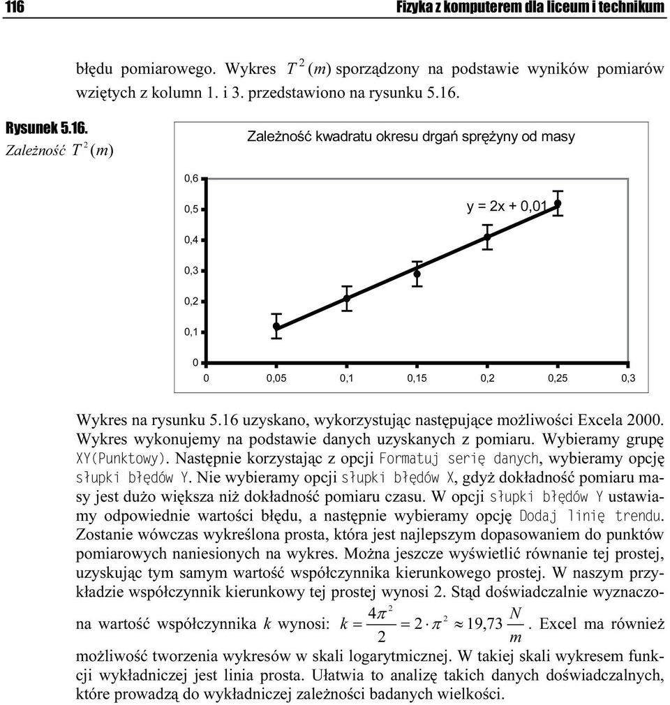 Następnie korzystając z opcji Formatuj serię danych, wybieramy opcję słupki błędów Y. Nie wybieramy opcji słupki błędów X, gdyż dokładność pomiaru masy jest dużo większa niż dokładność pomiaru czasu.