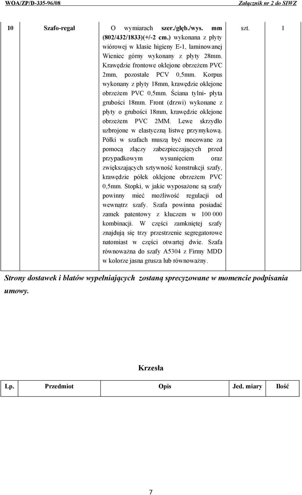 Front (drzwi) wykonane z płyty o grubości 18mm, krawędzie oklejone obrzeżem PVC 2MM. Lewe skrzydło uzbrojone w elastyczną listwę przymykową.