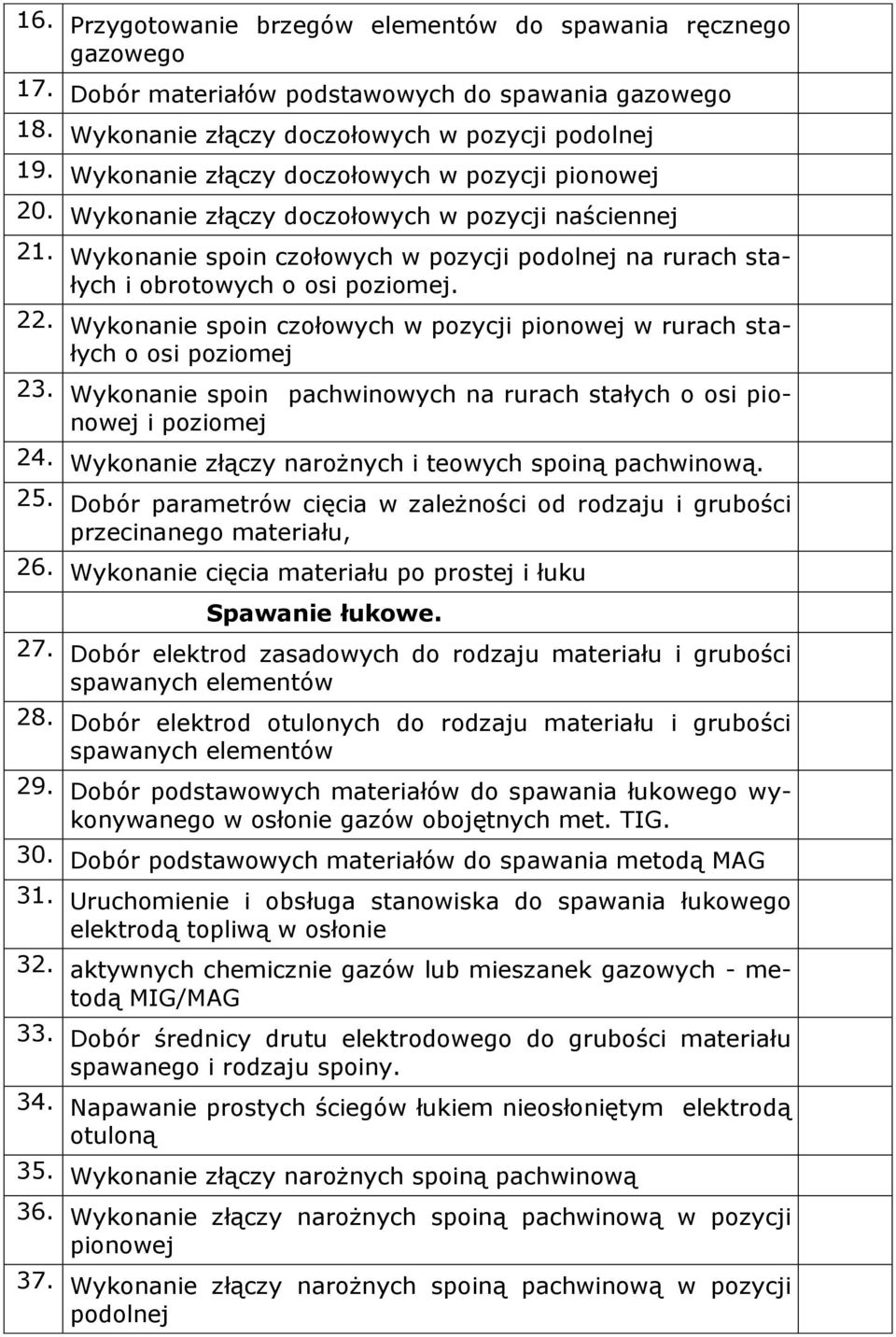 22. Wykonanie spoin czołowych w pozycji pionowej w rurach stałych o osi poziomej 23. Wykonanie spoin pachwinowych na rurach stałych o osi pionowej i poziomej 24.
