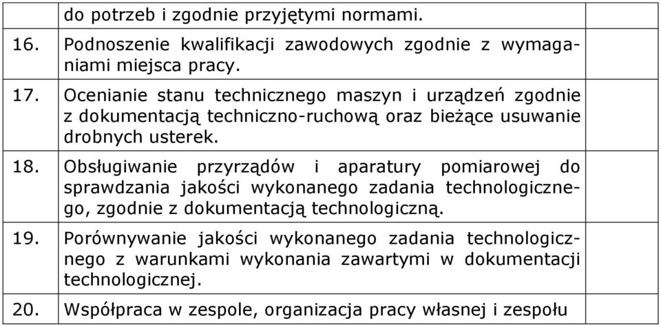 Obsługiwanie przyrządów i aparatury pomiarowej do sprawdzania jakości wykonanego zadania technologicznego, zgodnie z dokumentacją technologiczną.