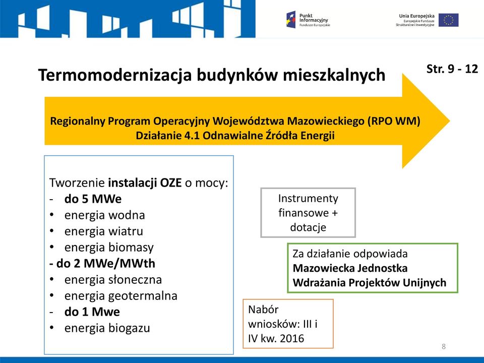 1 Odnawialne Źródła Energii Tworzenie instalacji OZE o mocy: - do 5 MWe energia wodna energia wiatru energia biomasy