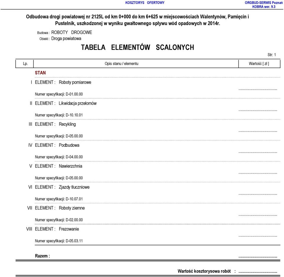 00.00 V ELEMENT : Nawierzchnia Numer specyfikacji: D-05.00.00 VI ELEMENT : Zjazdy tłuczniowe Numer specyfikacji: D-10.07.