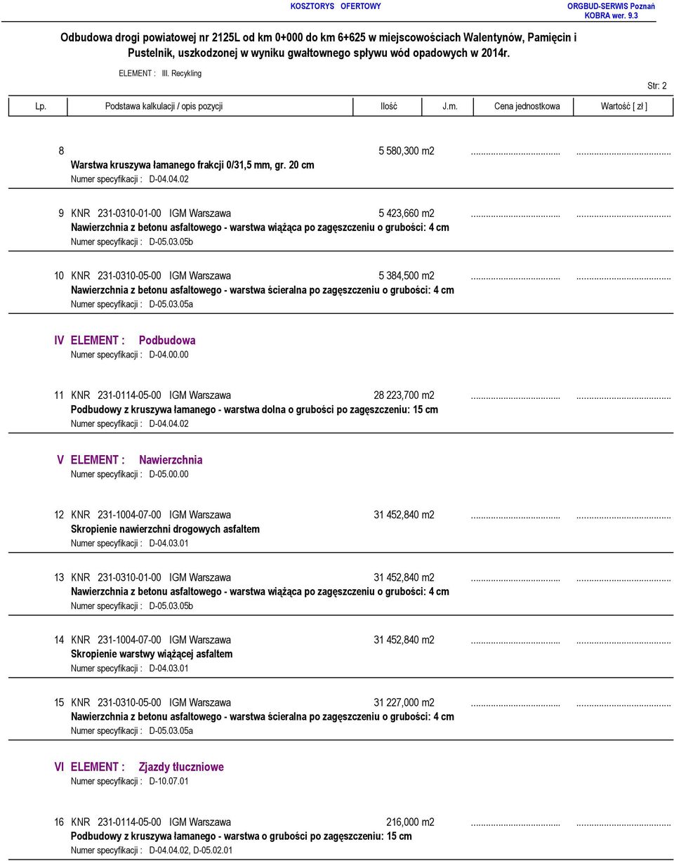 . Nawierzchnia z betonu asfaltowego - warstwa ścieralna po zagęszczeniu o grubości: 4 cm Numer specyfikacji : D-05.03.05a IV ELEMENT : Podbudowa Numer specyfikacji : D-04.00.