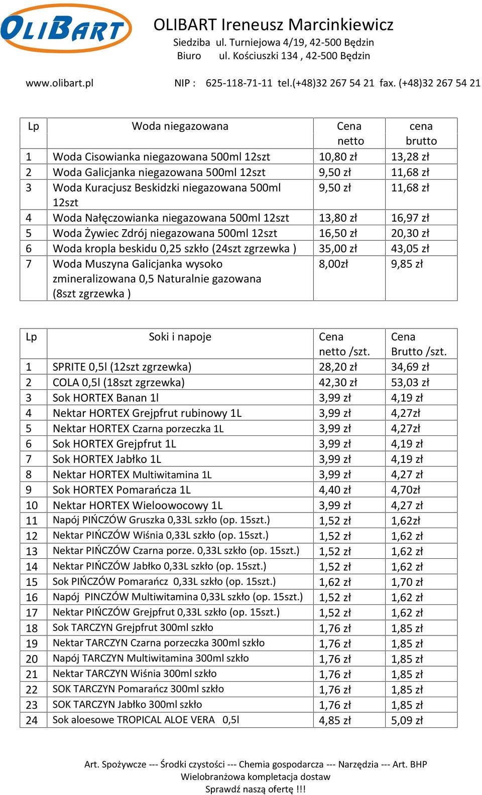 zgrzewka ) 35,00 zł 43,05 zł 7 Woda Muszyna Galicjanka wysoko zmineralizowana 0,5 Naturalnie gazowana (8szt zgrzewka ) 8,00zł 9,85 zł Soki i napoje Cena netto /szt. Cena Brutto /szt.