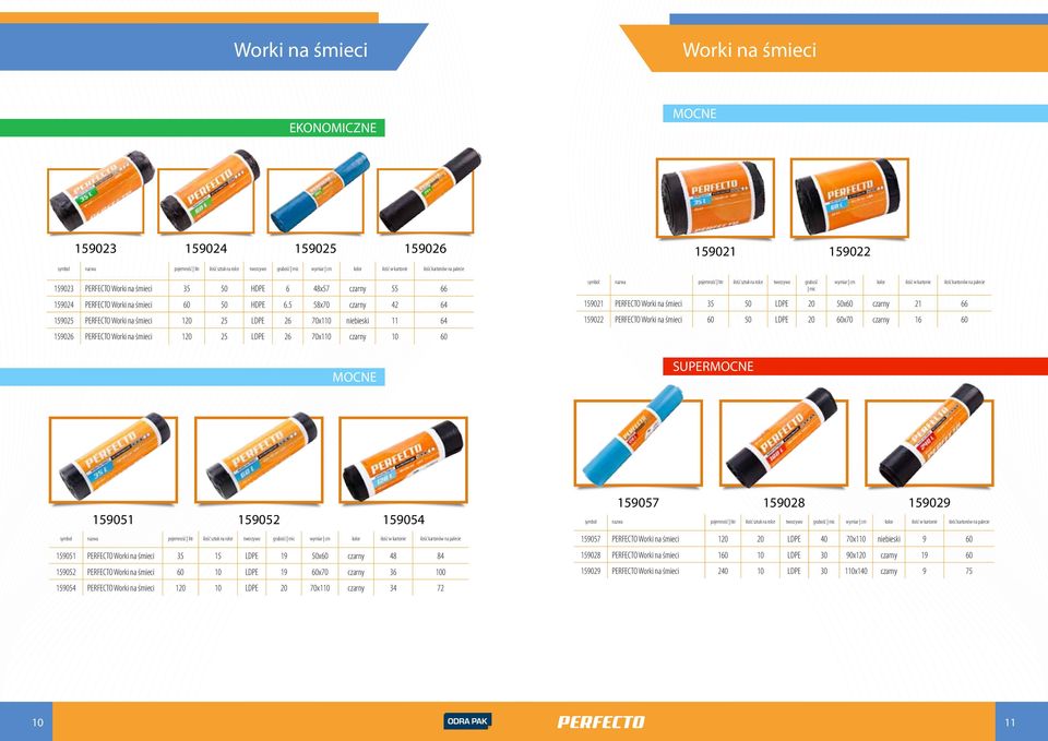 5 58x70 czarny 42 64 159025 PERFECTO Worki na śmieci 120 25 LDPE 26 70x110 niebieski 11 64 159026 PERFECTO Worki na śmieci 120 25 LDPE 26 70x110 czarny 10 60 MOCNE 159021 159022 symbol nazwa