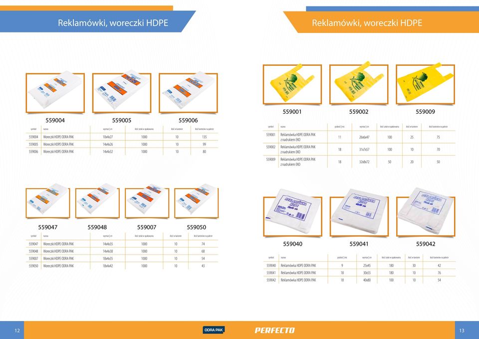 ilość w kartonie ilość kartonów na palecie 559001 Reklamówka HDPE ODRA PAK z nadrukiem EKO 559002 Reklamówka HDPE ODRA PAK z nadrukiem EKO 559009 Reklamówka HDPE ODRA PAK z nadrukiem EKO 11 26x6x47