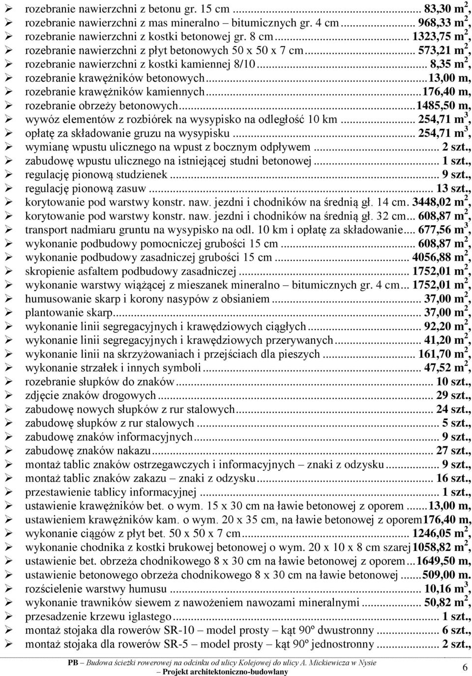 .. 13,00 m, rozebranie krawężników kamiennych... 176,40 m, rozebranie obrzeży betonowych... 1485,50 m, wywóz elementów z rozbiórek na wysypisko na odległość 10 km.