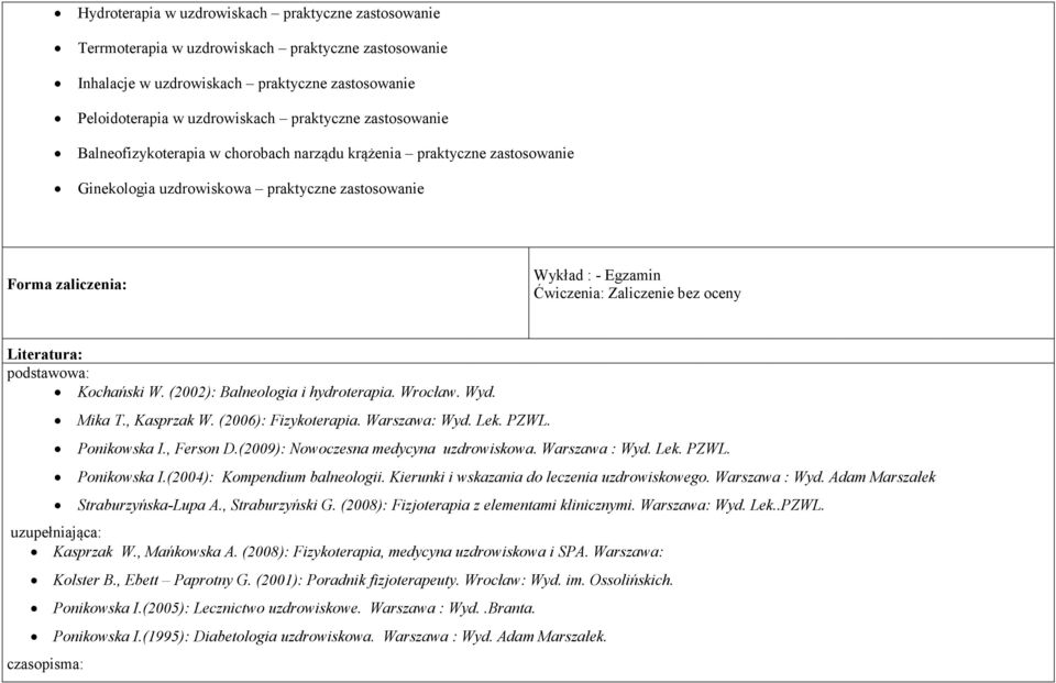 oceny Literatura: podstawowa: Kochański W. (2002): Balneologia i hydroterapia. Wrocław. Wyd. Mika T., Kasprzak W. (2006): Fizykoterapia. Warszawa: Wyd. Lek. PZWL. Ponikowska I., Ferson D.