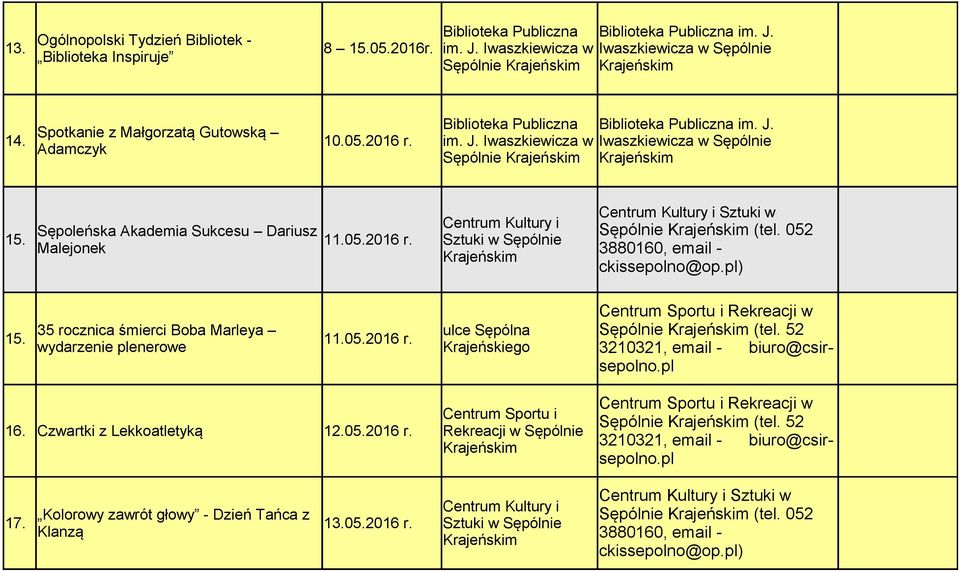 11.05.2016 r. Malejonek 15. 35 rocznica śmierci Boba Marleya wydarzenie plenerowe 11.05.2016 r. 16. Czwartki z Lekkoatletyką 12.05.2016 r. 17.