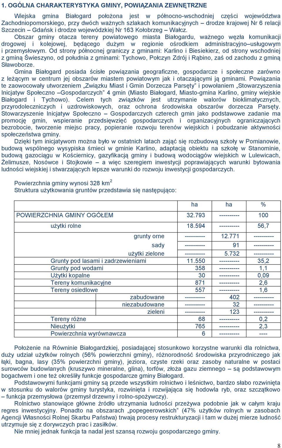 Obszar gminy otacza tereny powiatowego miasta Białogardu, ważnego węzła komunikacji drogowej i kolejowej, będącego dużym w regionie ośrodkiem administracyjno usługowym i przemysłowym.