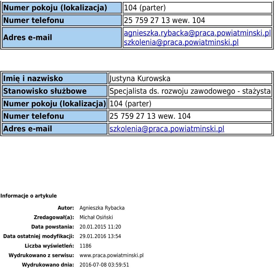 rozwoju zawodowego - stażysta Numer pokoju (lokalizacja) 104 (parter) Numer telefonu 25 759 27 13 wew. 104 Adres e-mail szkolenia@praca.powiatminski.