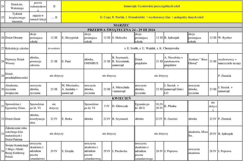 Dziendzielski + klas + pedagodzy danych szkół MARZEC PRZERWA ŚWIĄTECZNA 24-29 III 2016 akcja promujaca szkołę 12 III B. Jędrzejak akcja promujaca szkołę 12 III W.