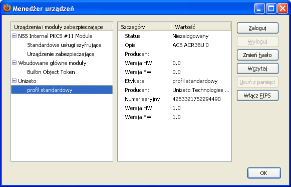 Można zdefiniować dowolną nazwę modułu (zalecane jest jednak wpisanie nazwy Unizeto). Jako plik modułu należy wskazać plik C:\Windows\System32\crypto3PKCS.